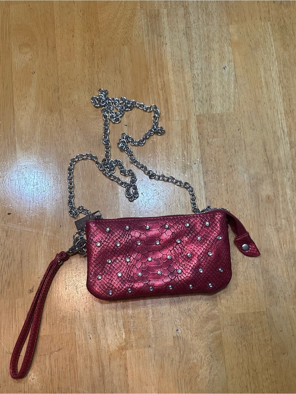 Red Studded Wristlet Clutch with Chain Strap